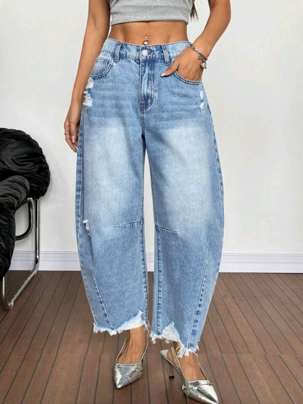 Summer PETITE Women's Casual Y2K High Waist Distressed Barrel Jeans